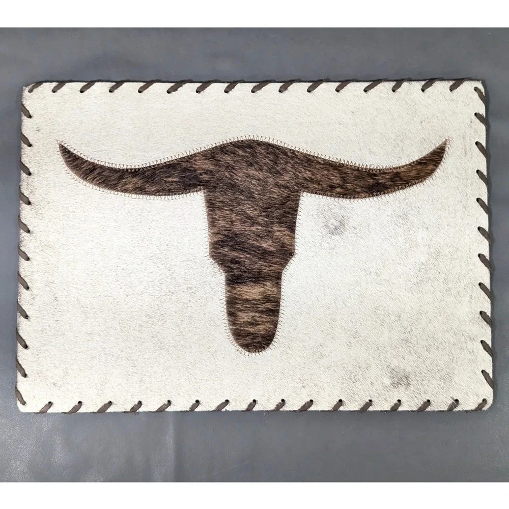Western Cowhide Longhorn Placemat 17x12 Whipstitch Rustic Decor NEW